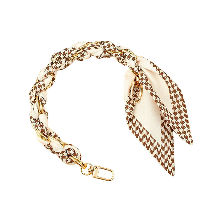 Gold Phone Chain with Scarf Brown Houndstooth - Short F