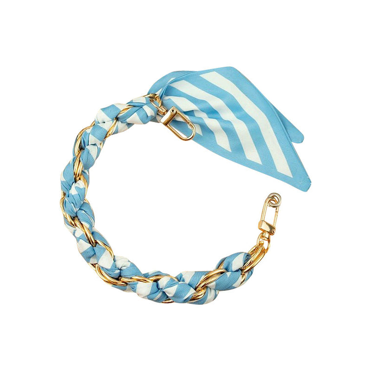Gold Phone Chain with Scarf Blue and White Stripe - Short H