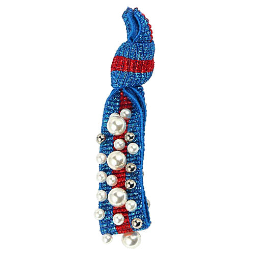 Gemelli Jewelry Pearl Stud Hair Tie with Vegan Pearls and Silver Ball Studs in Blue with a Red Stripe
