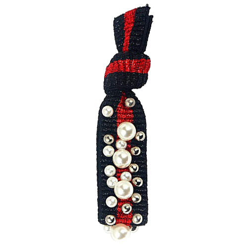 Gemelli Jewelry Pearl Stud Hair Tie with Vegan Pearls and Silver Ball Studs in Black with a Red Stripe