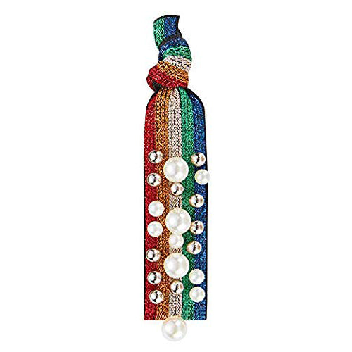 Gemelli Jewelry Pearl Stud Hair Tie with Vegan Pearls and Silver Ball Studs in Dark Rainbow
