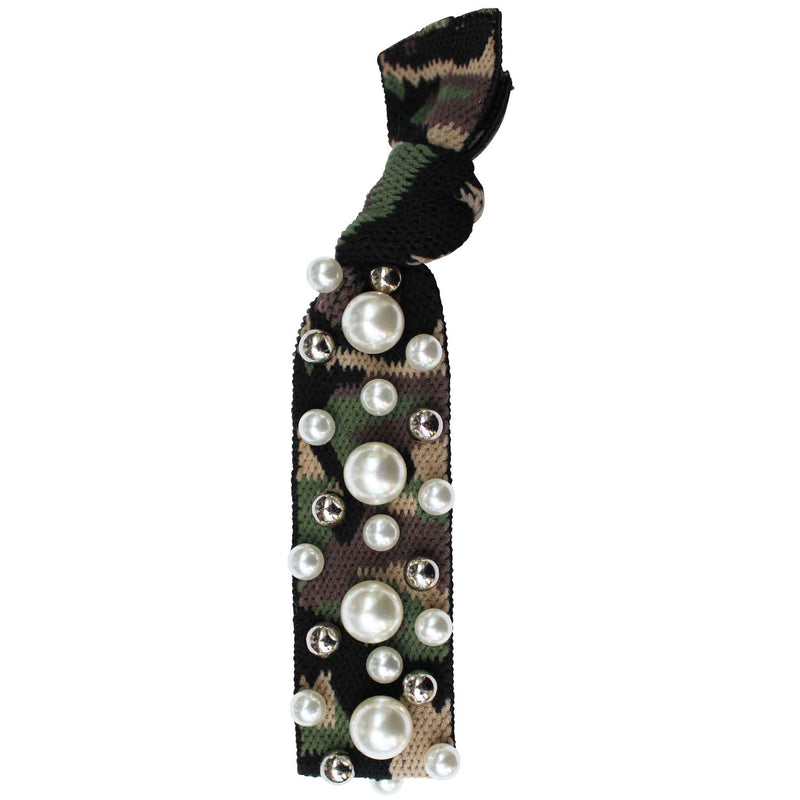 Gemelli Jewelry Hair Tie with Vegan Pearl and Silver Ball Studs in Green Camo Print