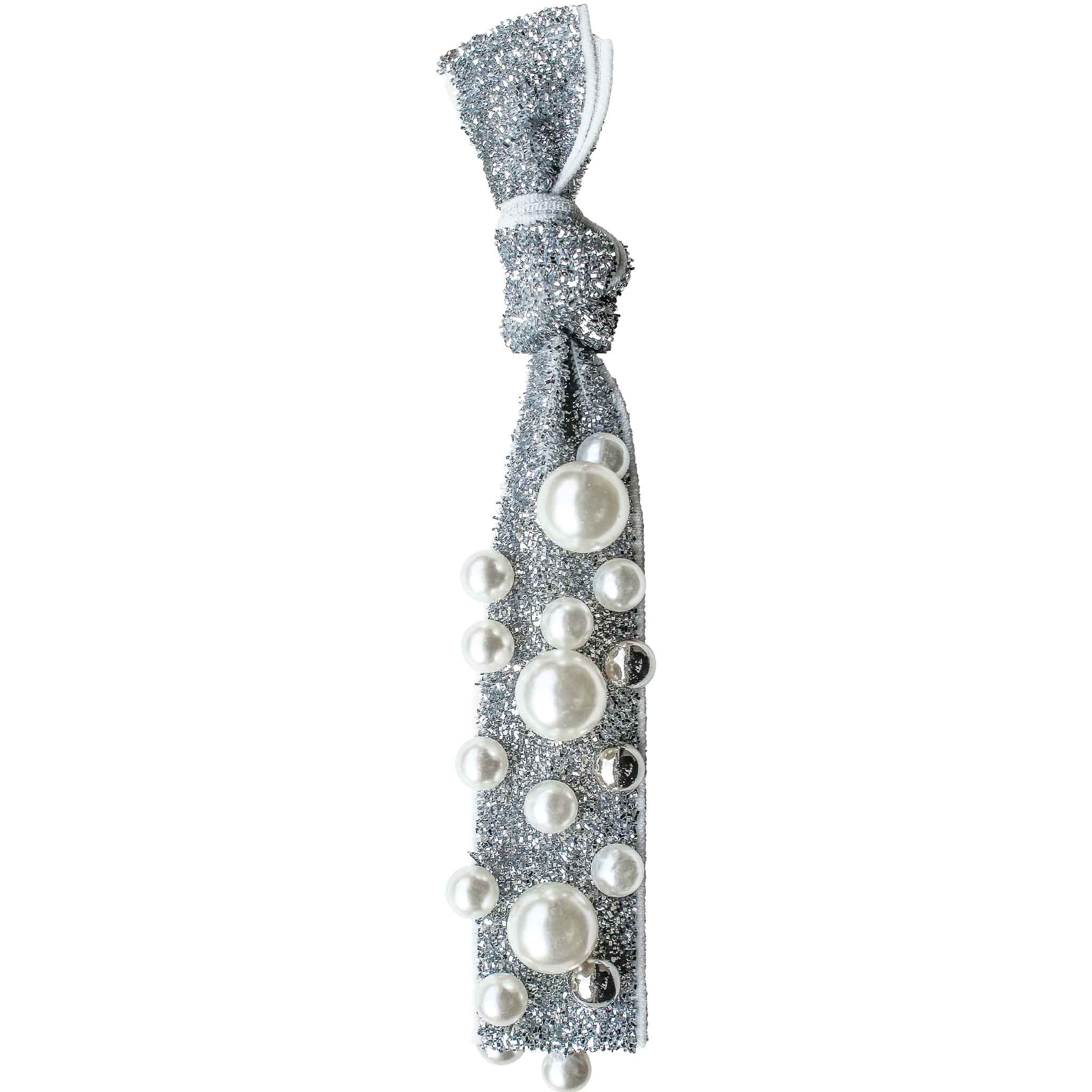 Gemelli Jewelry Hair Tie with Vegan Pearl and Silver Ball Studs in Silver Tinsel