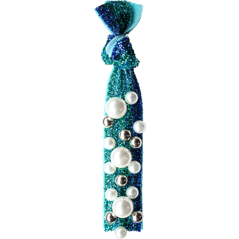 Pearl Stud Hair Tie in Blue Tinsel