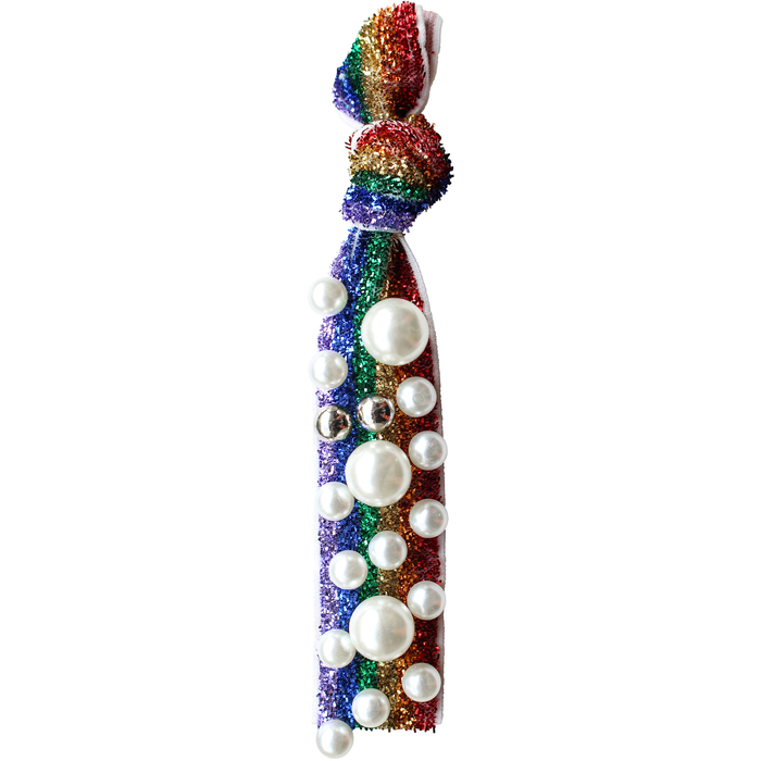 Pearl Stud Hair Tie in Rainbow Tinsel